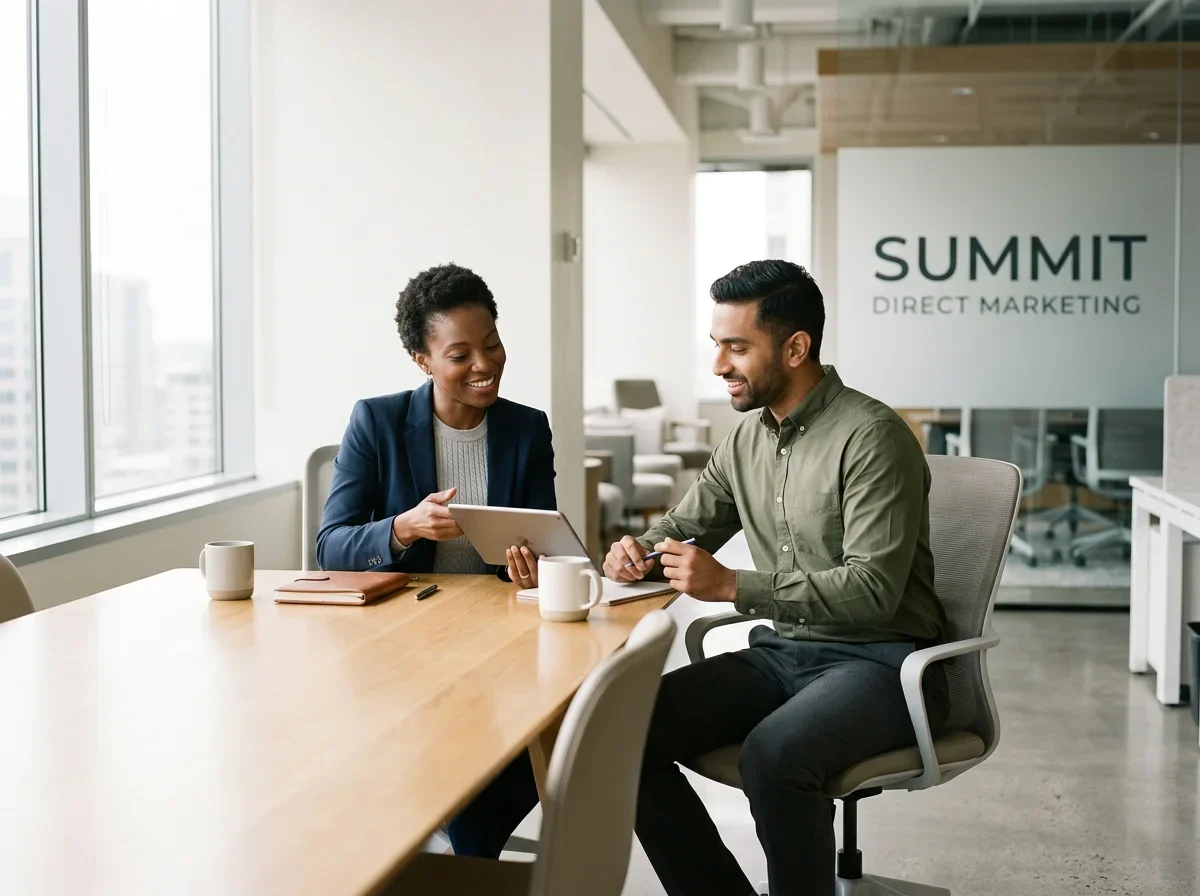 Two colleagues reviewing work at a table