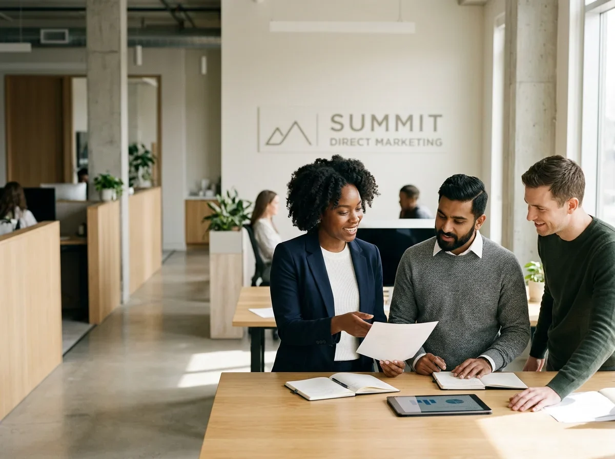 Team reviewing documents in the Summit office